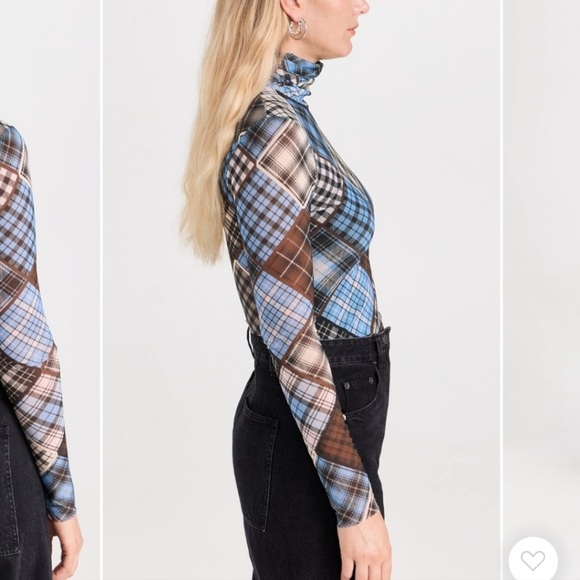 Ganni Plaid Print Rollneck Turtleneck Mesh Blouse - Picture 3 of 8